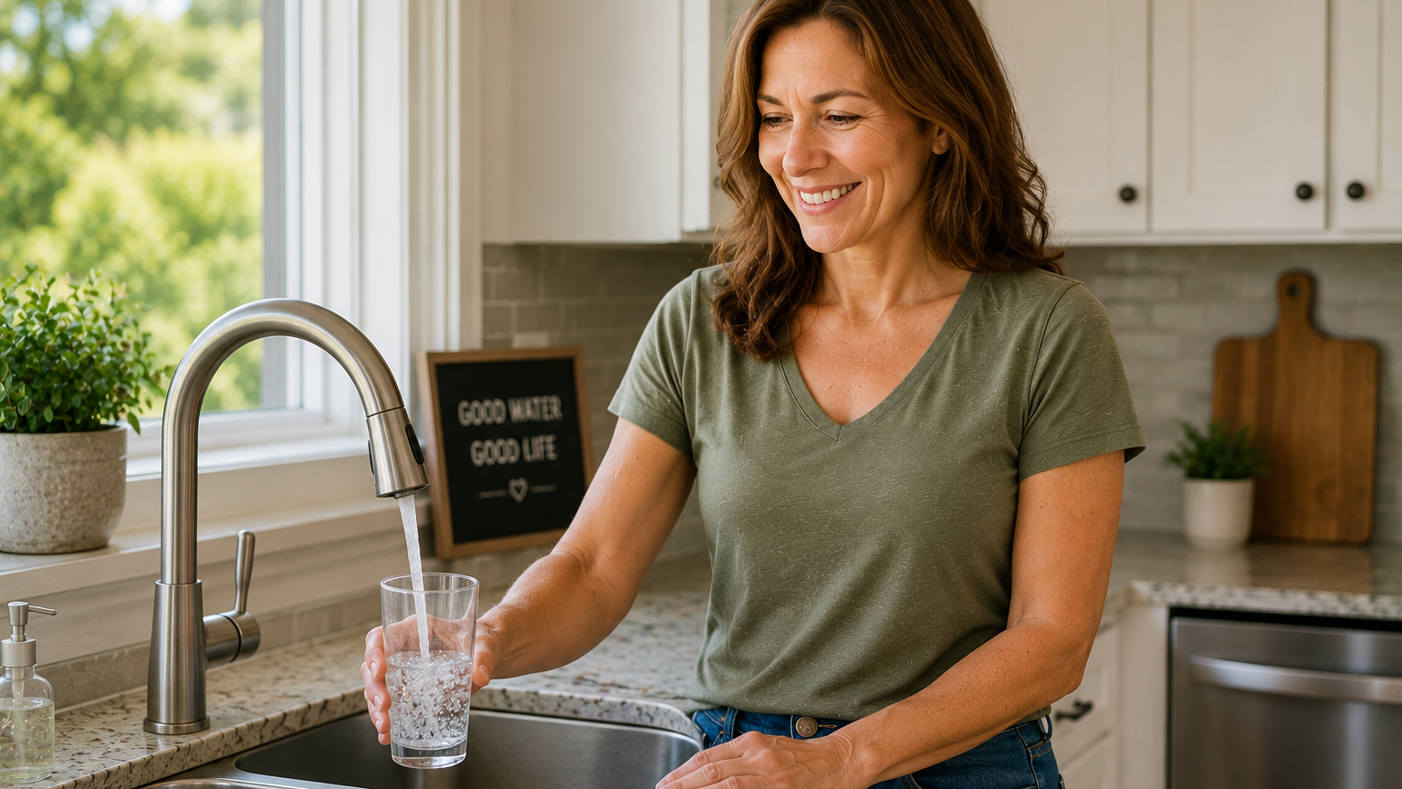 Happy homeowner enjoying restored running water after professional well service.